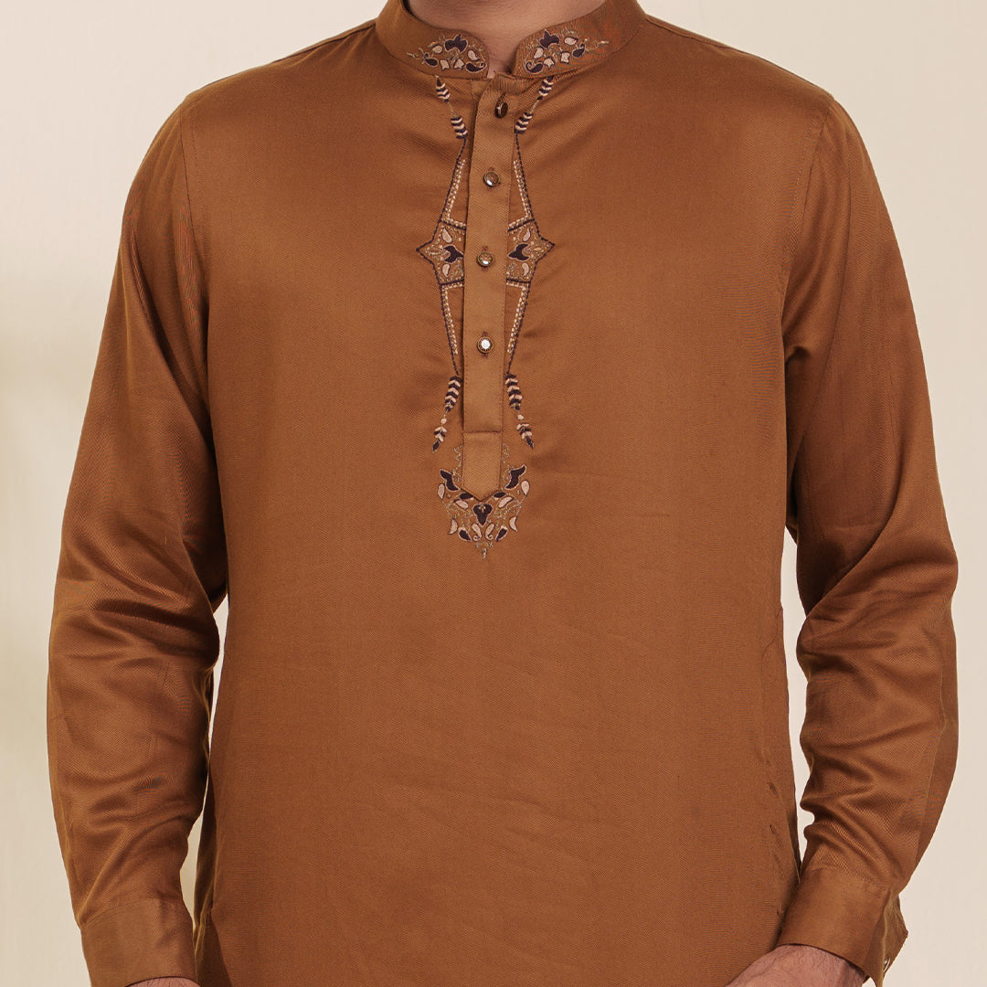 Mens Embroidery Kabli- Chocolate