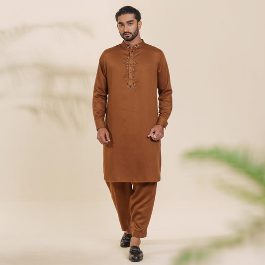 Mens Embroidery Kabli- Chocolate