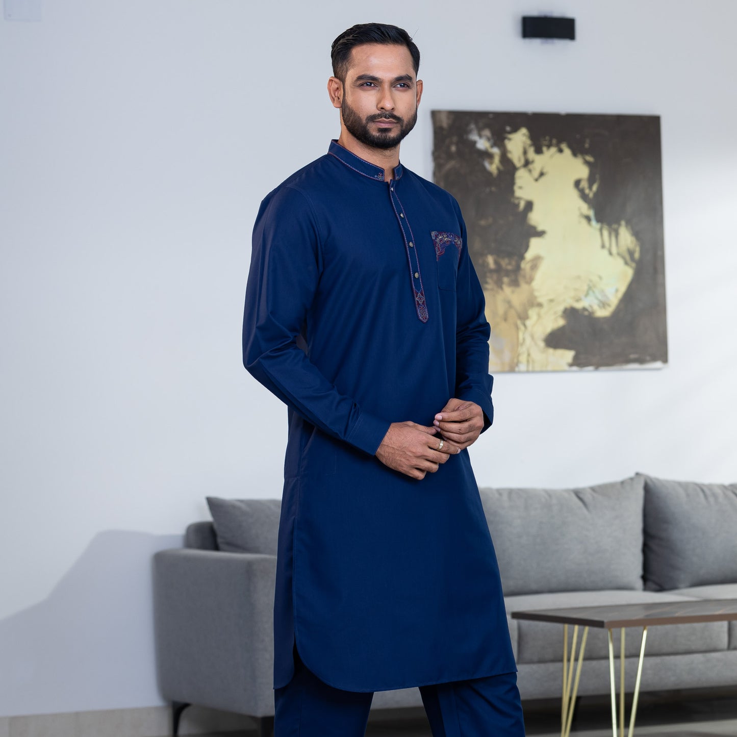 Mens Navy Embroidered Kabli Set