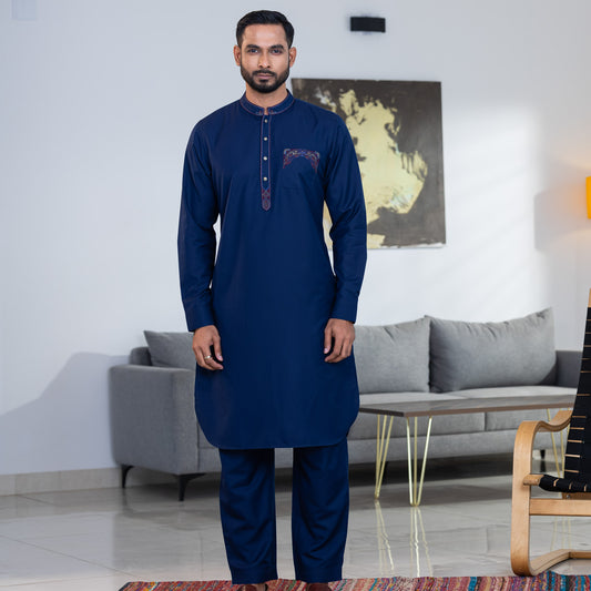 Mens Navy Embroidered Kabli Set