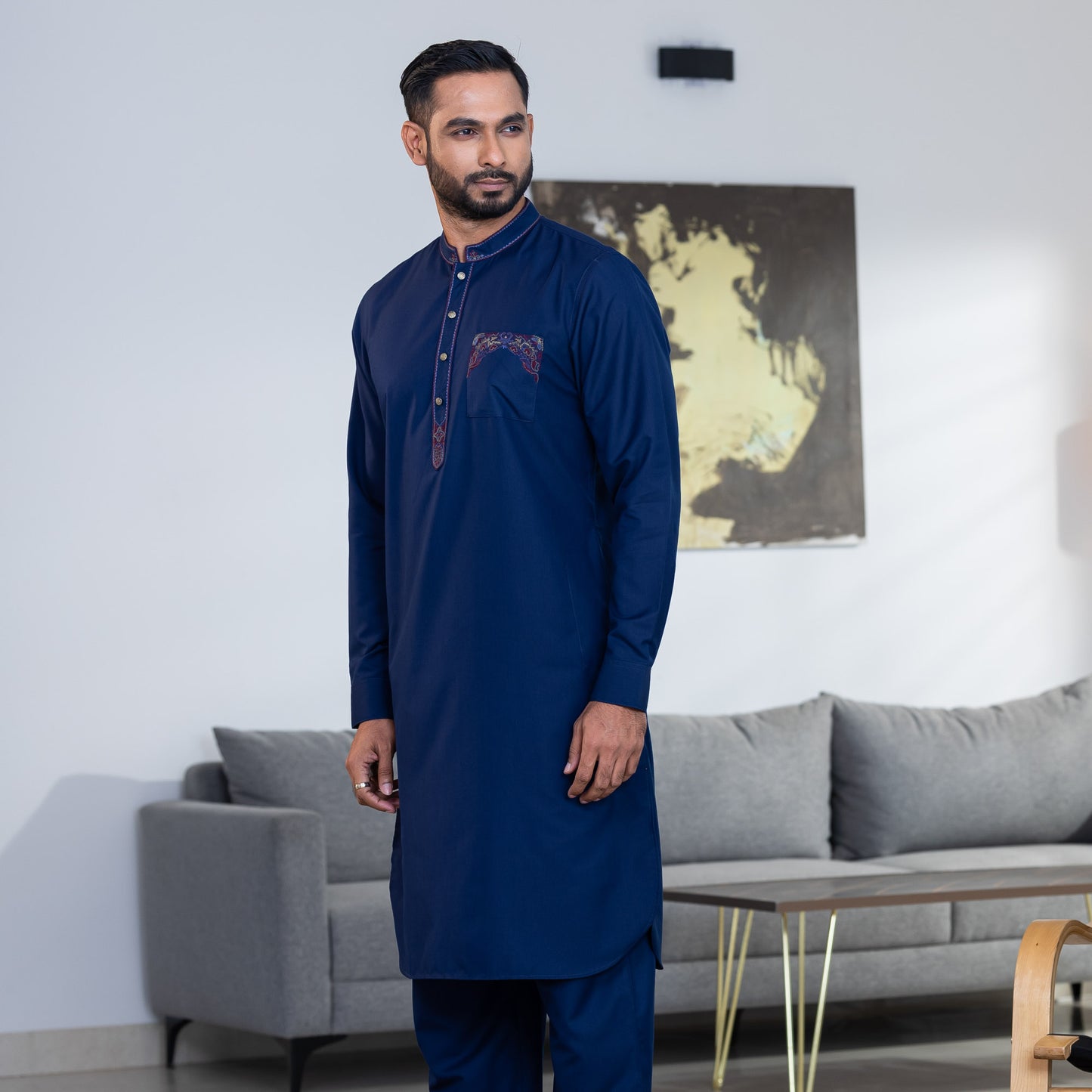 Mens Navy Embroidered Kabli Set