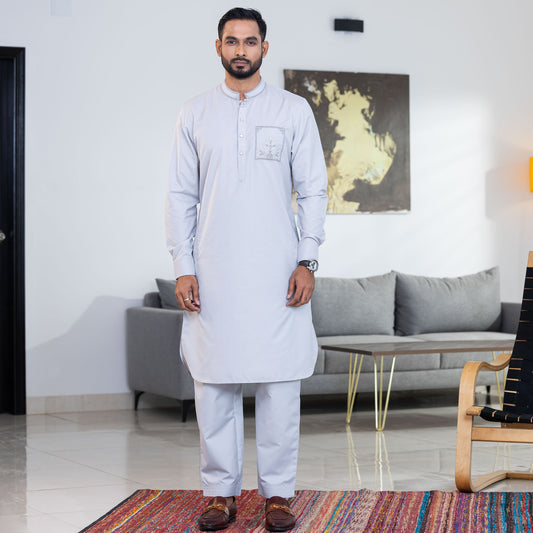 Mens Grey Embroidered Kabli Set