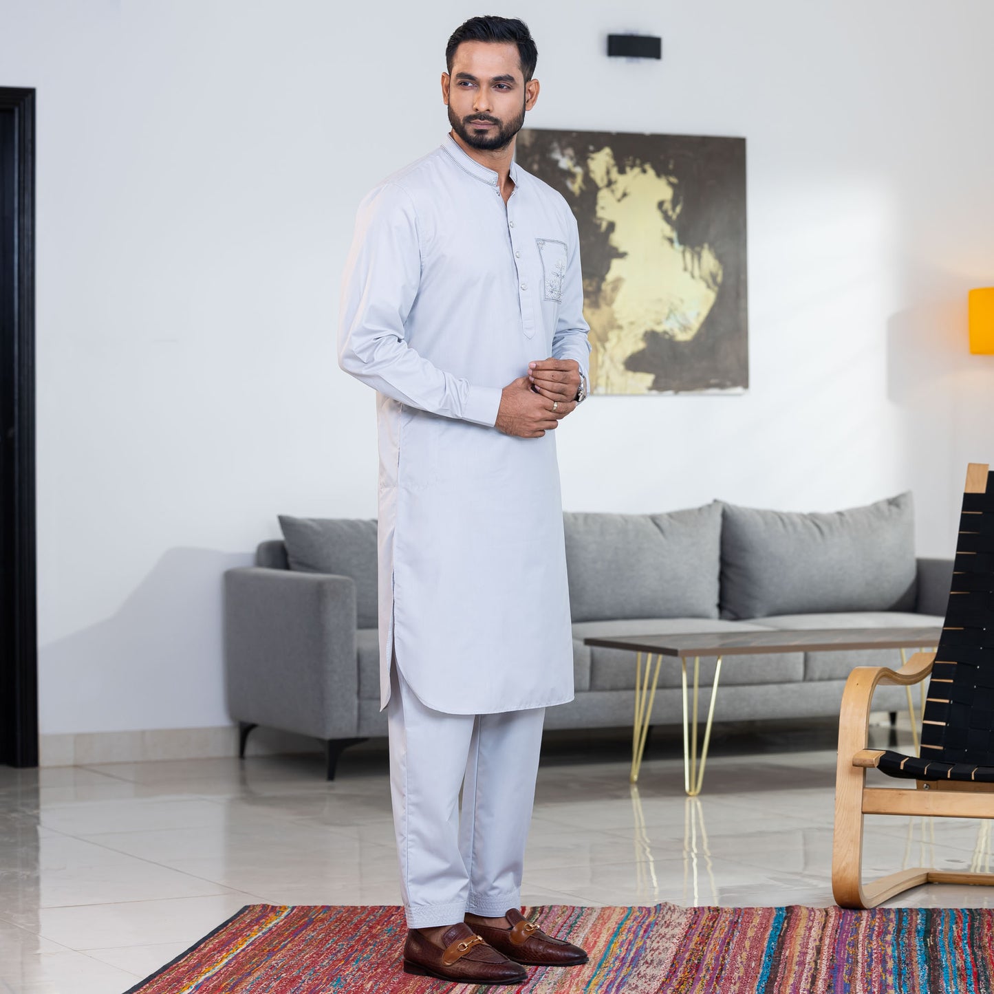 Mens Grey Embroidered Kabli Set