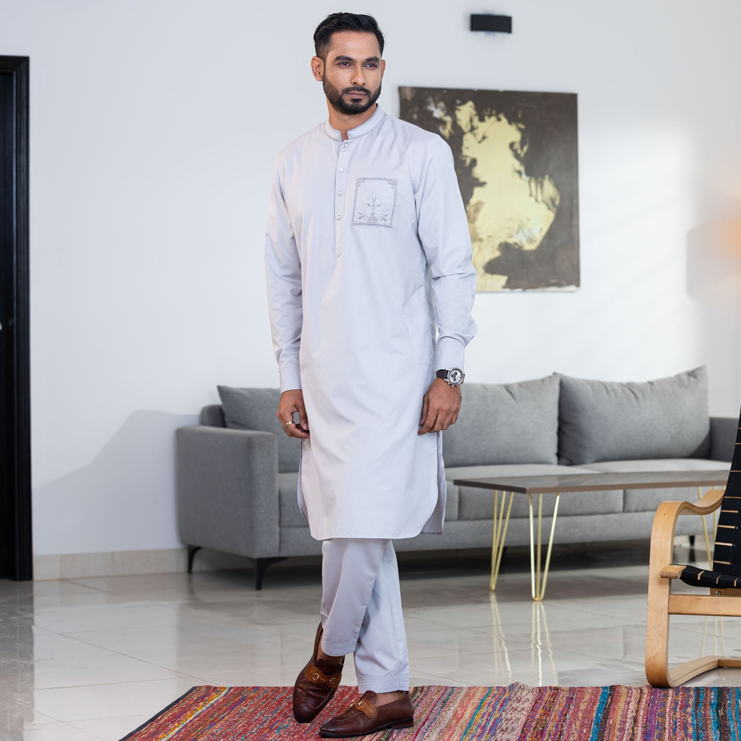 Mens Grey Embroidered Kabli Set