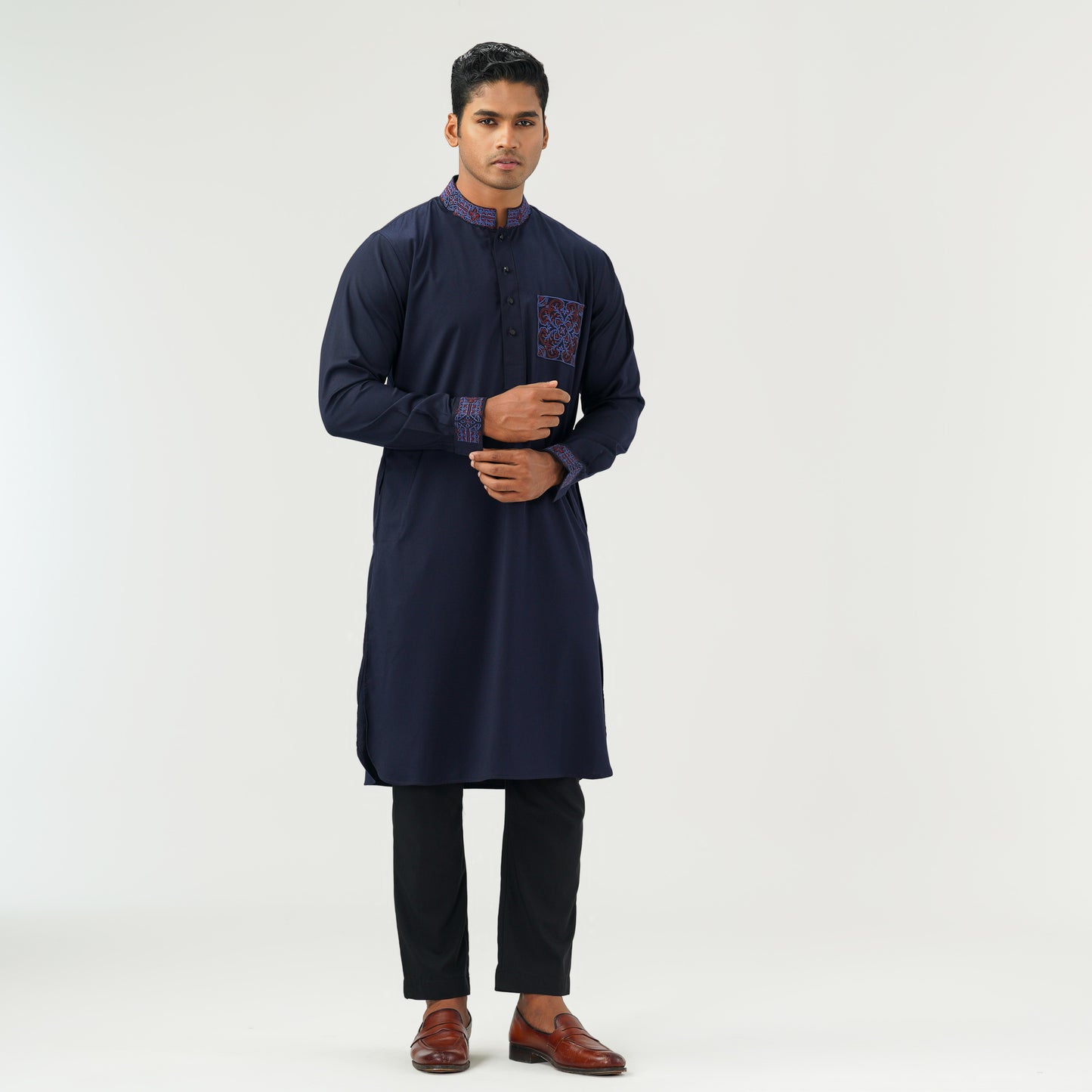 Mens Navy Embroidered Kabli