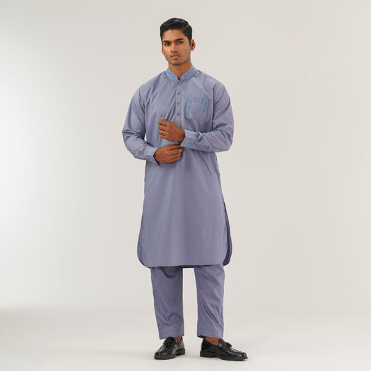 Mens Grey Embroidered Panjabi