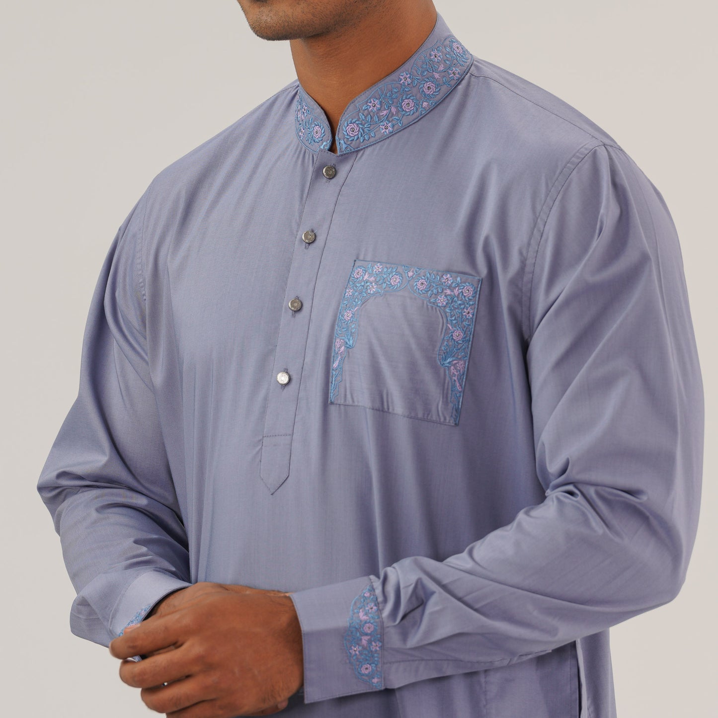 Mens Grey Embroidered Kabli Set