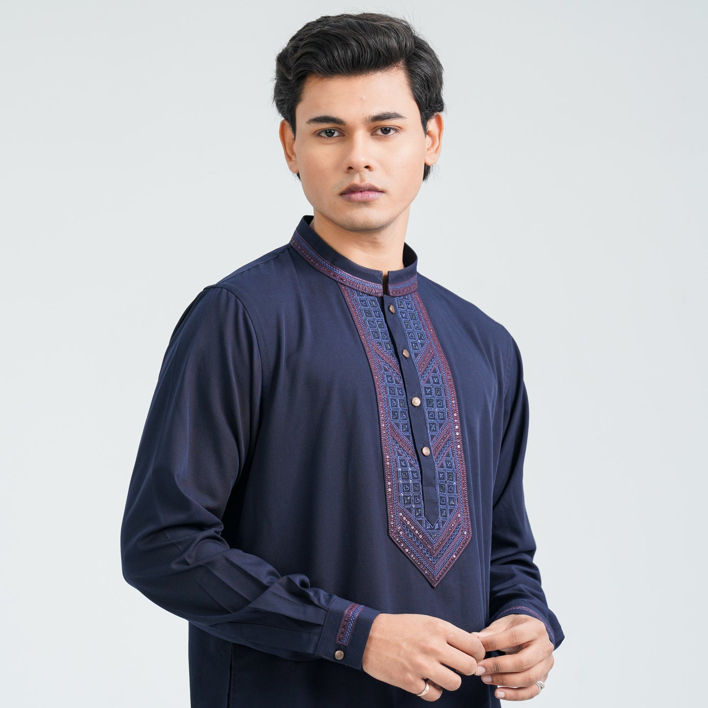 Men’s Navy Embroidered Viscose Kabli