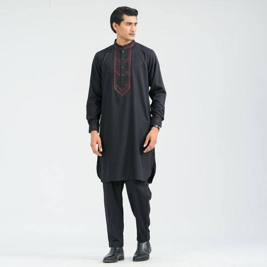 Men’s Black Embroidered Viscose Kabli