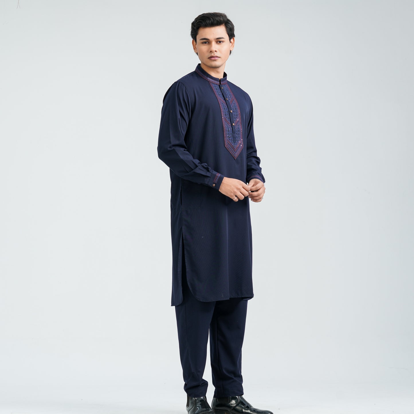 Men’s Navy Embroidered Viscose Kabli