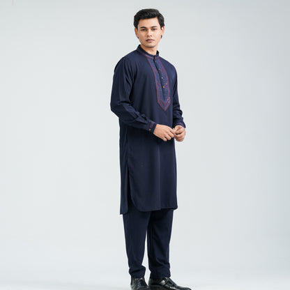 Men’s Navy Embroidered Viscose Kabli