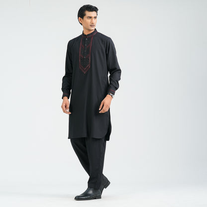 Men’s Black Embroidered Viscose Kabli