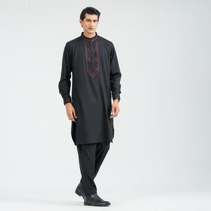 Men’s Black Embroidered Viscose Kabli