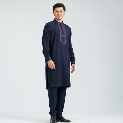 Men’s Navy Embroidered Viscose Kabli