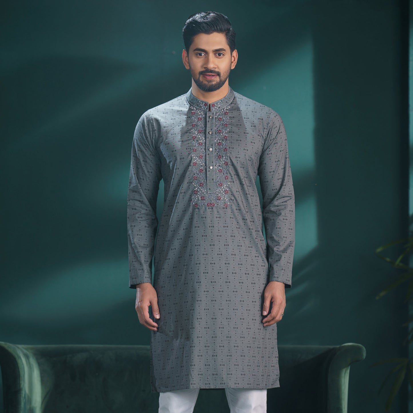 Mens Grey Print & Embroidery Panjabi