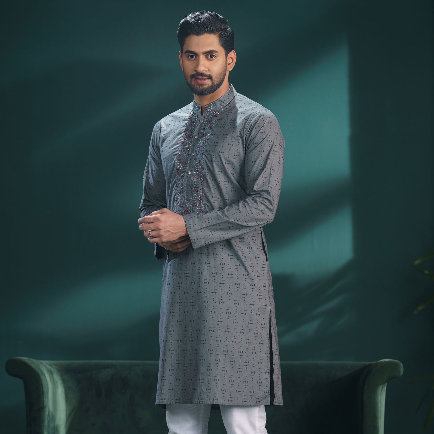 Mens Grey Print & Embroidery Panjabi