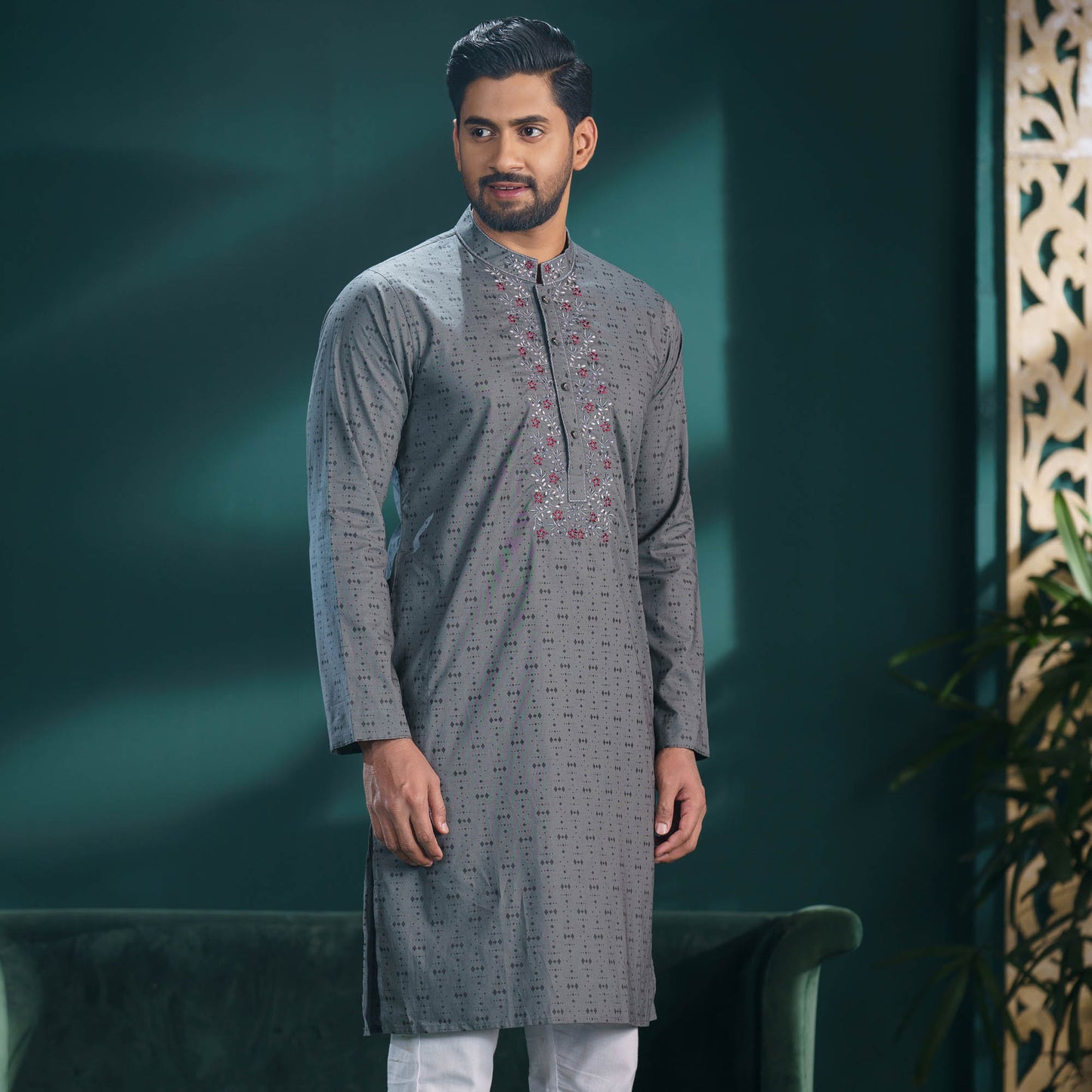 Mens Grey Print & Embroidery Panjabi