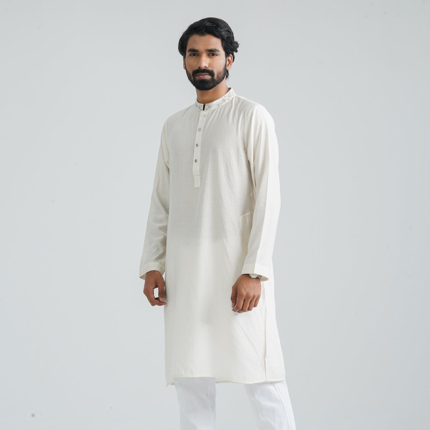 Mens Off White Embroidered Panjabi