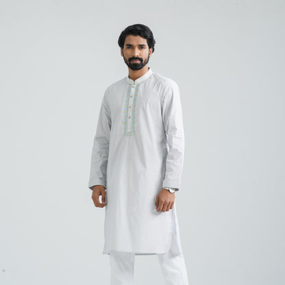 Men’s White Check Embroidery Panjabi