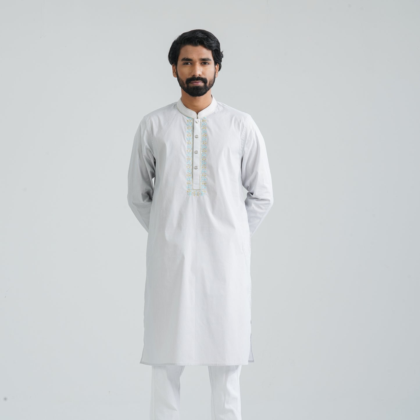 Men’s White Check Embroidery Panjabi