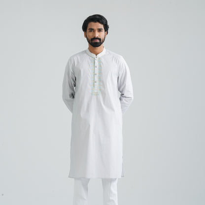 Men’s White Check Embroidery Panjabi