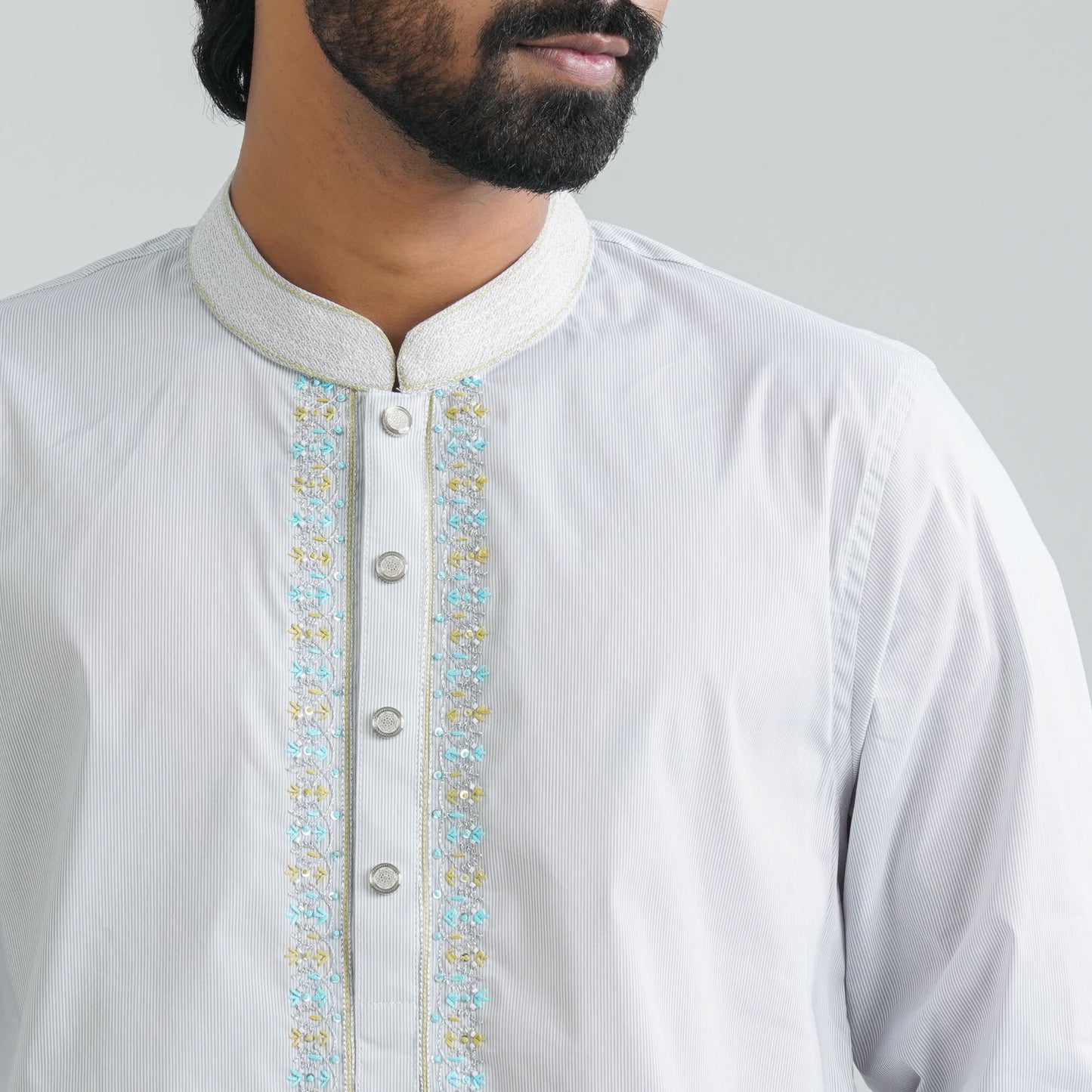 Men’s White Check Embroidery Panjabi