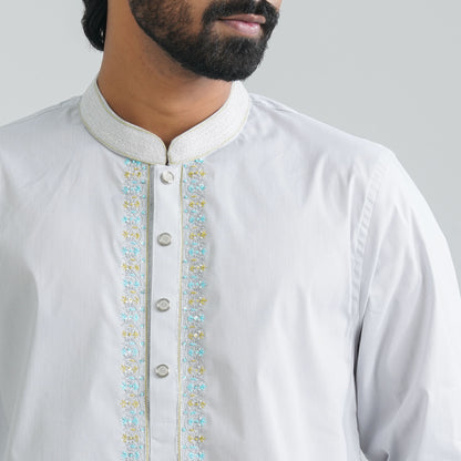 Men’s White Check Embroidery Panjabi