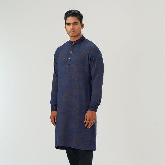 Mens Navy Jacquard Panjabi