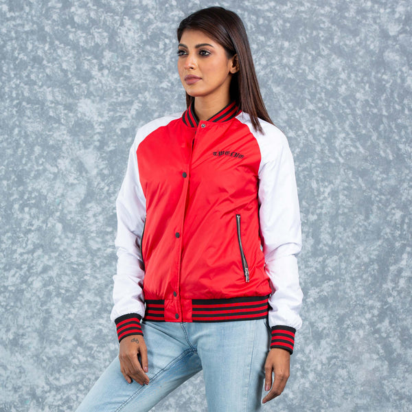 WOMENS BOMBER JACKET- RED/WHITE