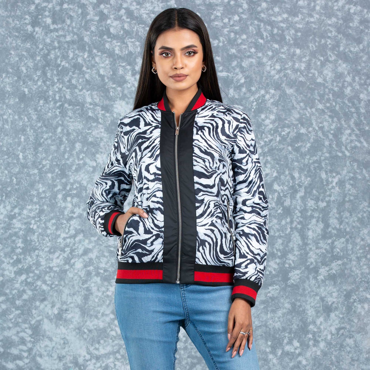 Womens Bomber Jacket- Black/White Aop