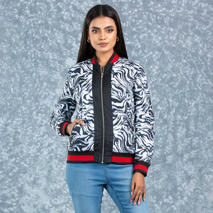 Womens Bomber Jacket- Black/White Aop