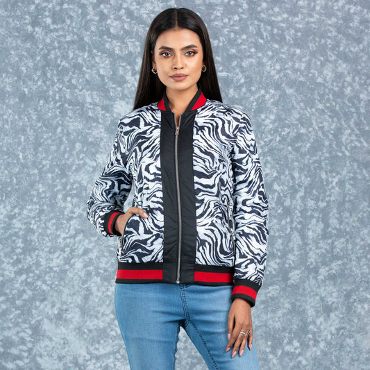 Womens Bomber Jacket- Black/White Aop