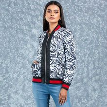 Load image into Gallery viewer, WOMENS BOMBER JACKET- BLACK/WHITE AOP
