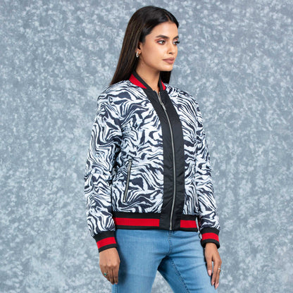 Womens Bomber Jacket- Black/White Aop