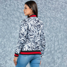 Load image into Gallery viewer, WOMENS BOMBER JACKET- BLACK/WHITE AOP
