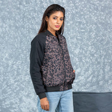 Load image into Gallery viewer, WOMENS BOMBER JACKET- OLIVE/BLACK AOP
