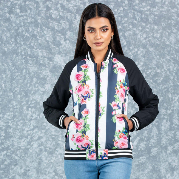 WOMENS BOMBER JACKET- PINK/BLACK AOP