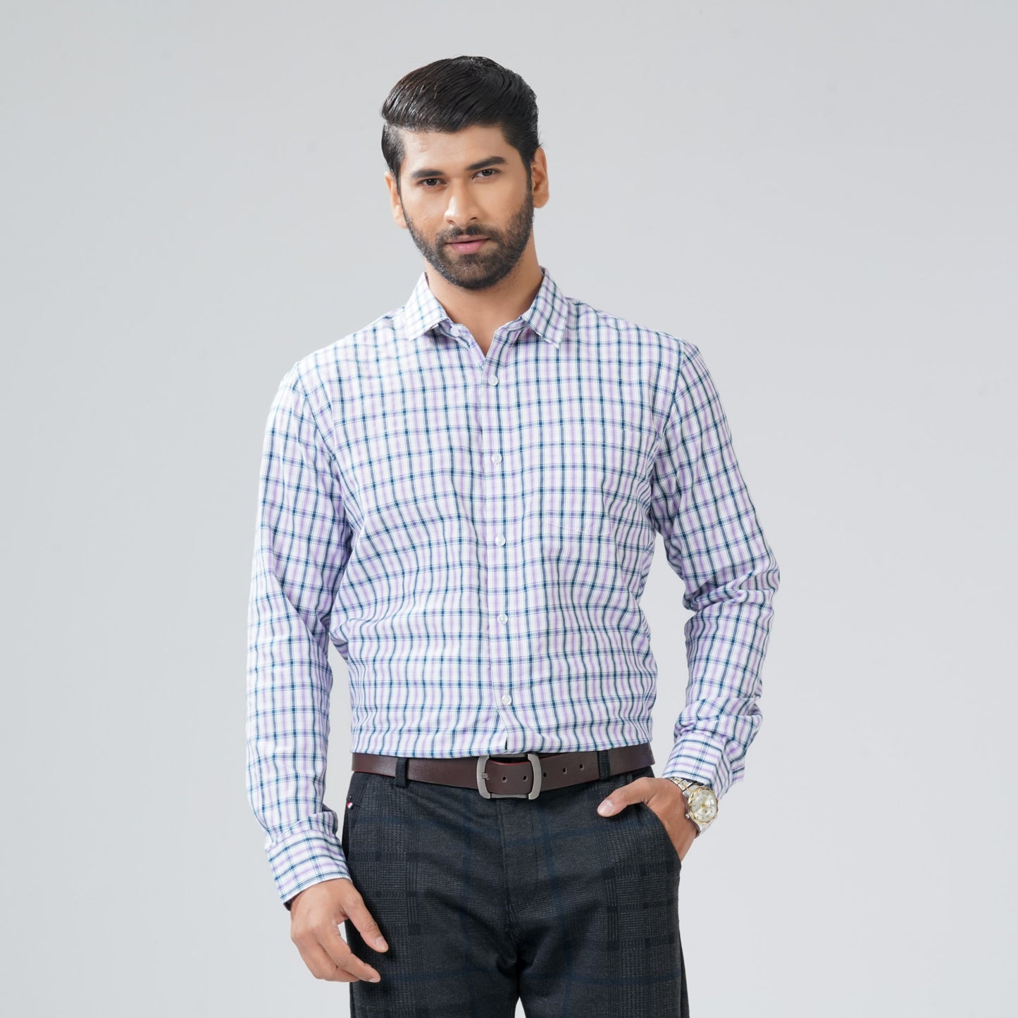 Mens Purple Check Formal Shirt