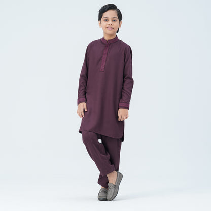 Boy's Maroon Viscose Embroidered Kabli
