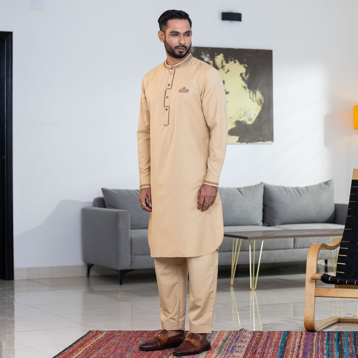 Mens Khaki Embroidery Kabli Set