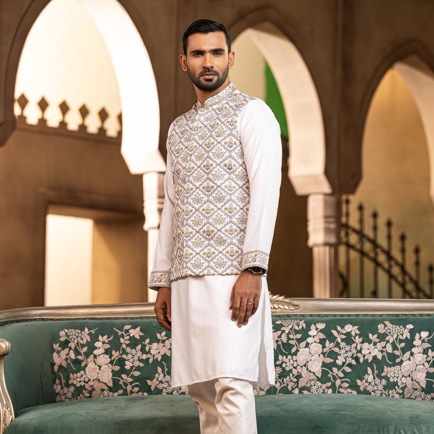 Mens White Embroidered Two Piece Set