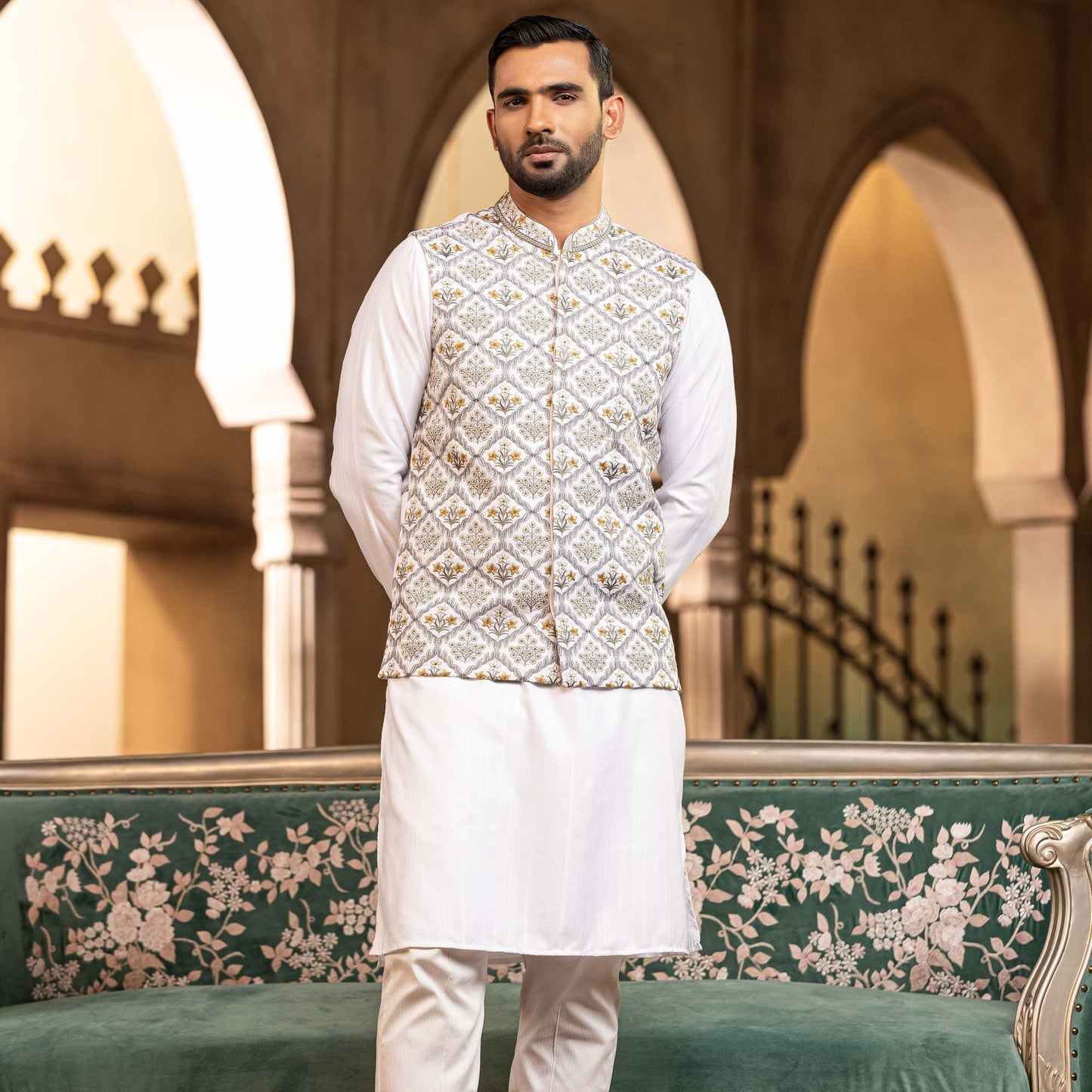 Mens White Embroidered Two Piece Set