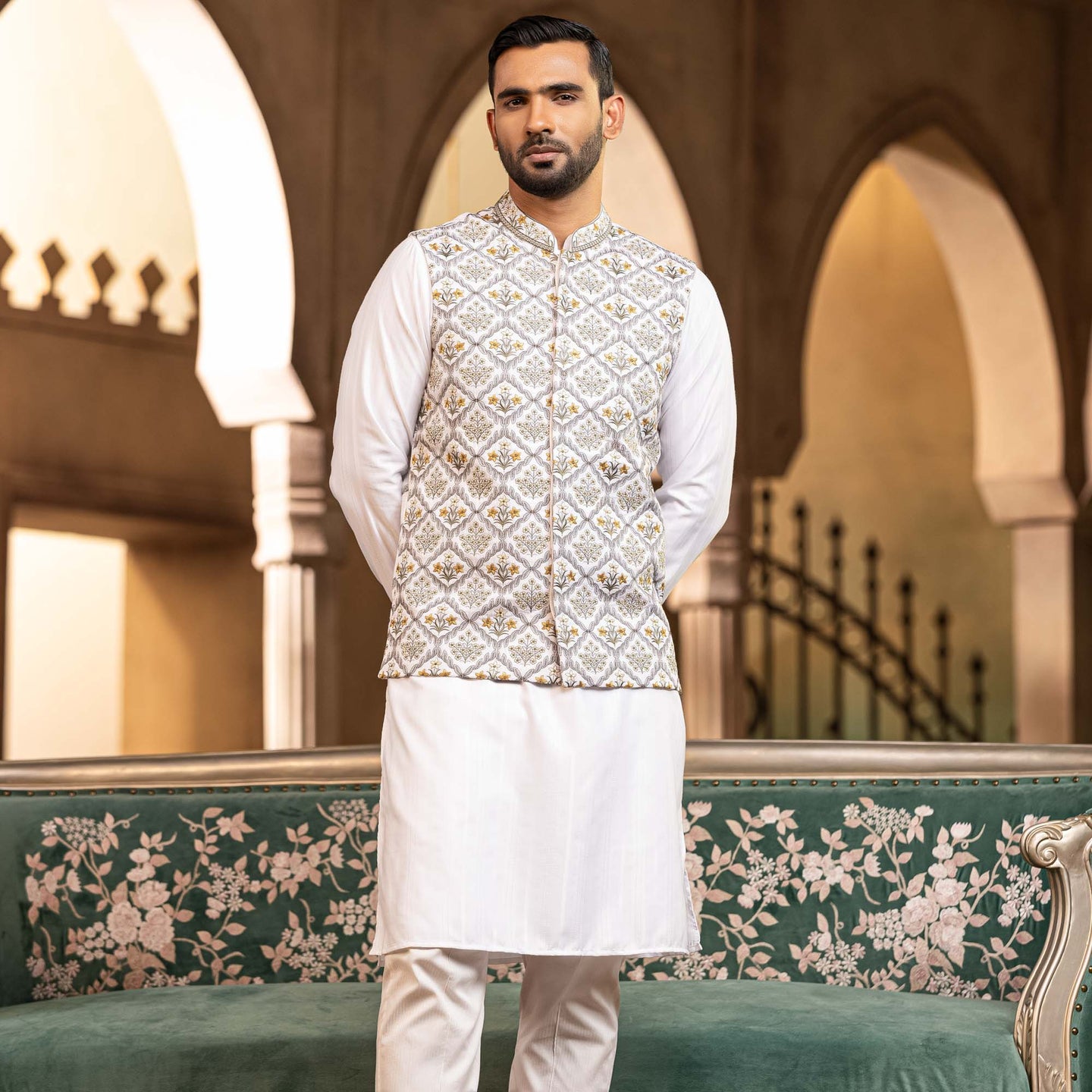 Mens White Embroidered 2-Piece Set