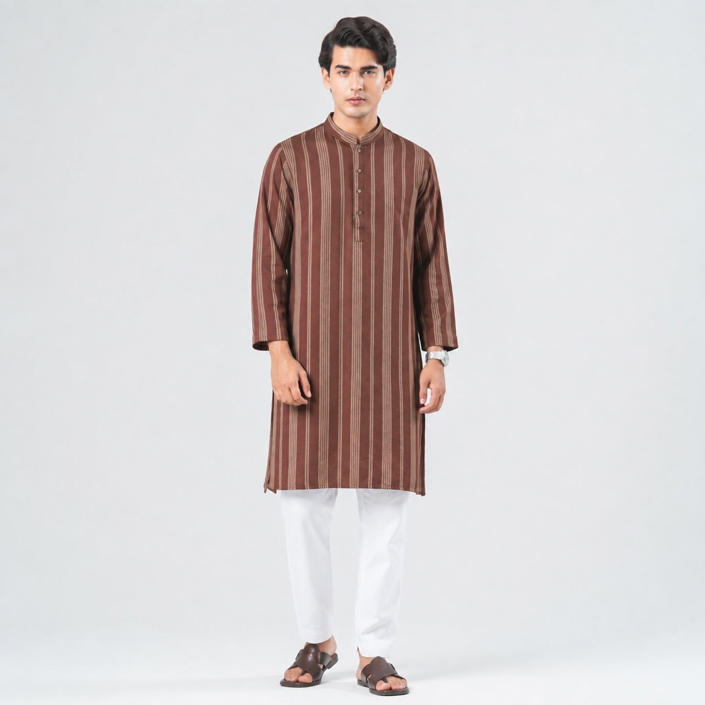 MENS BASIC BROWN STRIPE PANJABI
