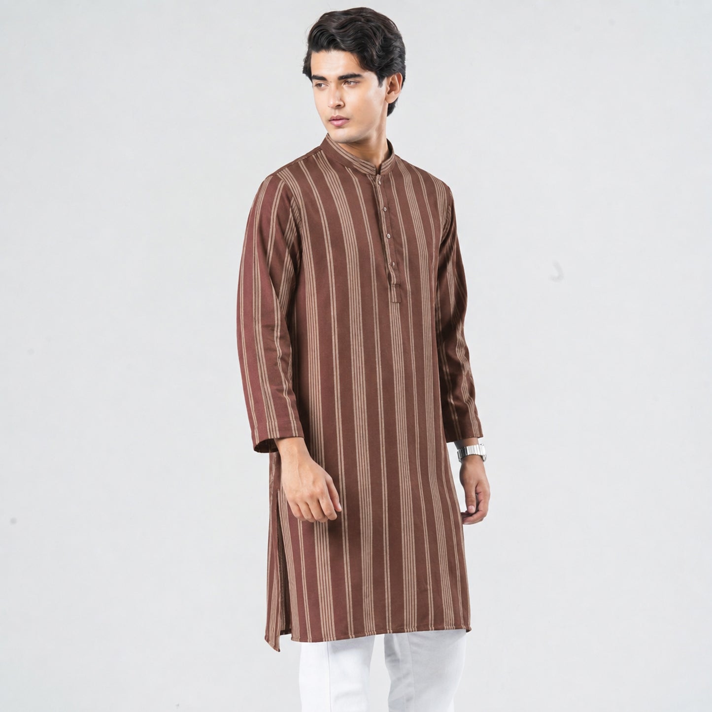 MENS BASIC BROWN STRIPE PANJABI