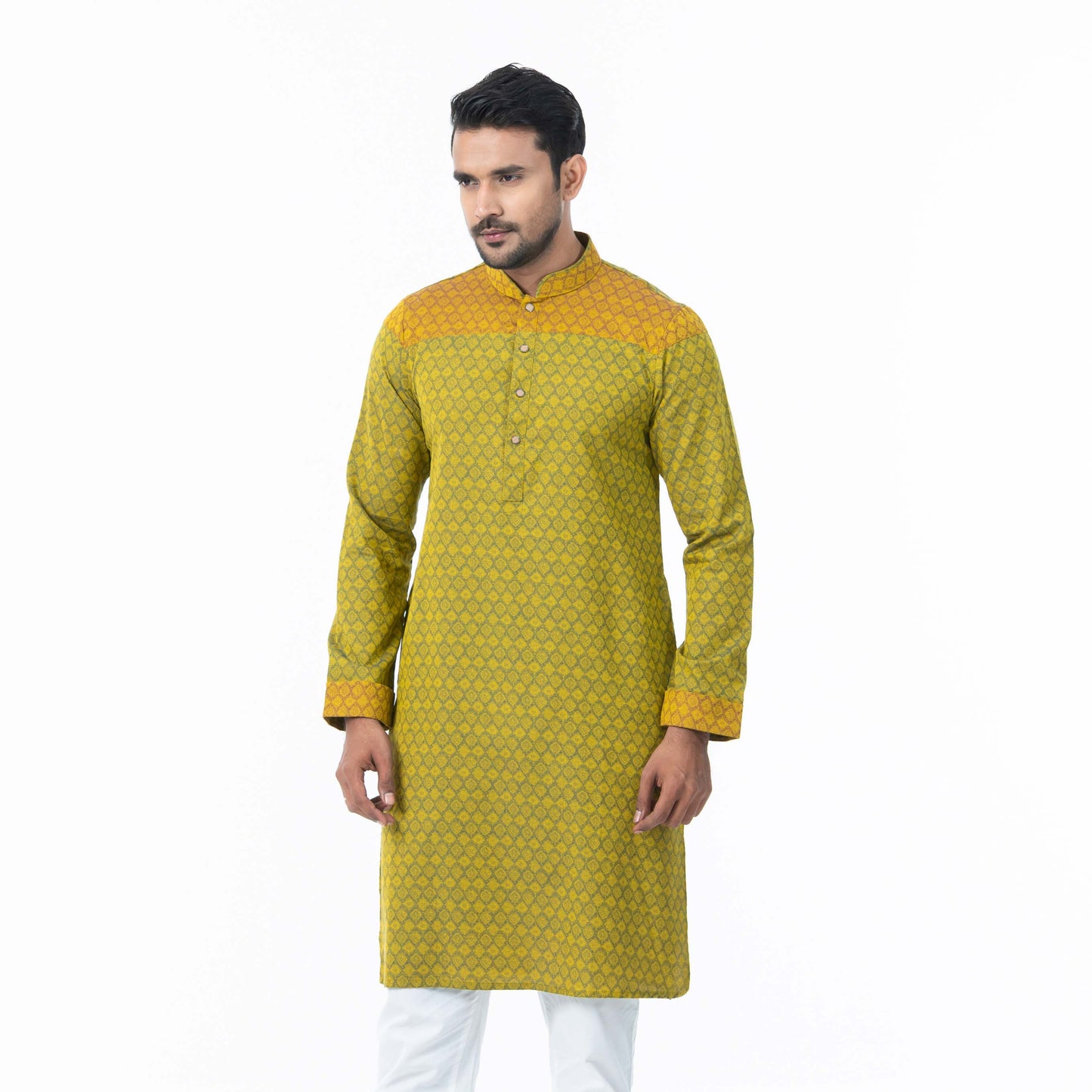 Mens Yellow-Blue Printed Panjabi