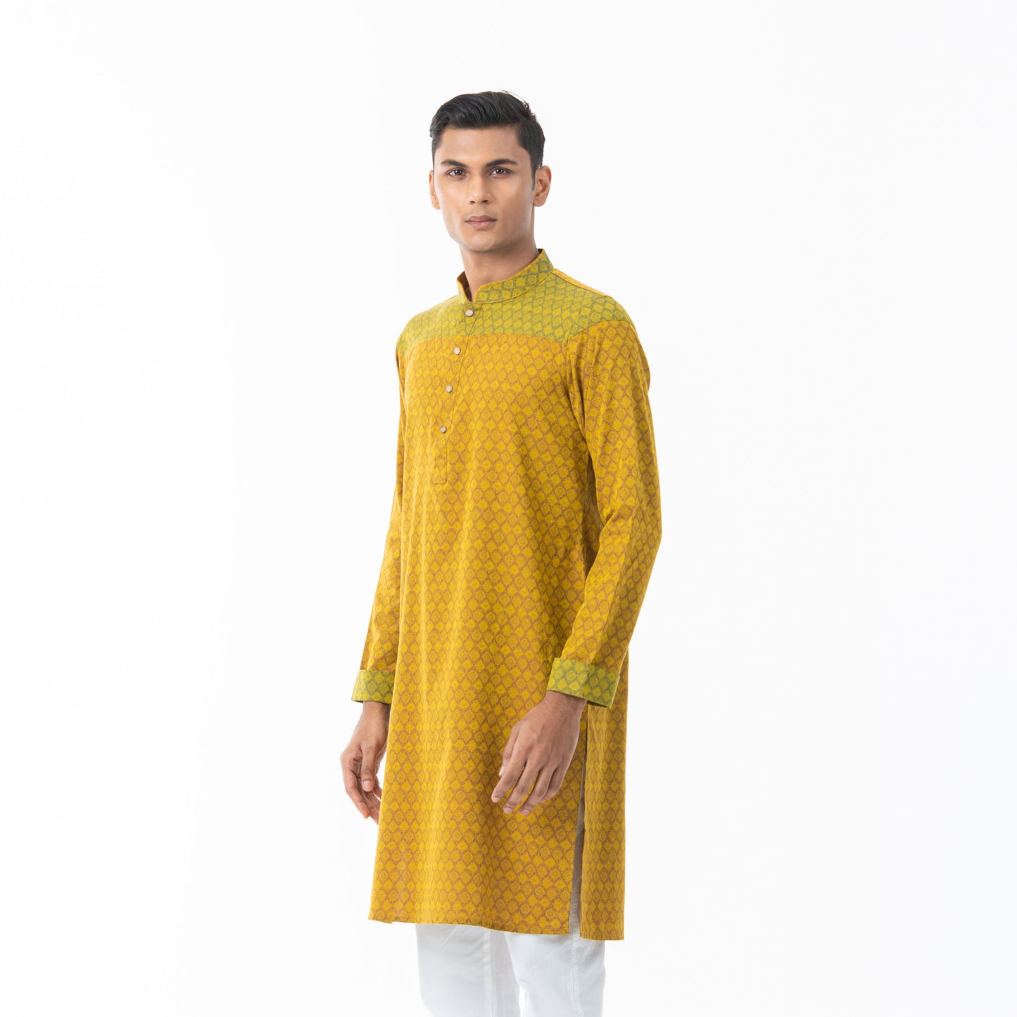 Mens Yellow-Maroon Printed Panjabi