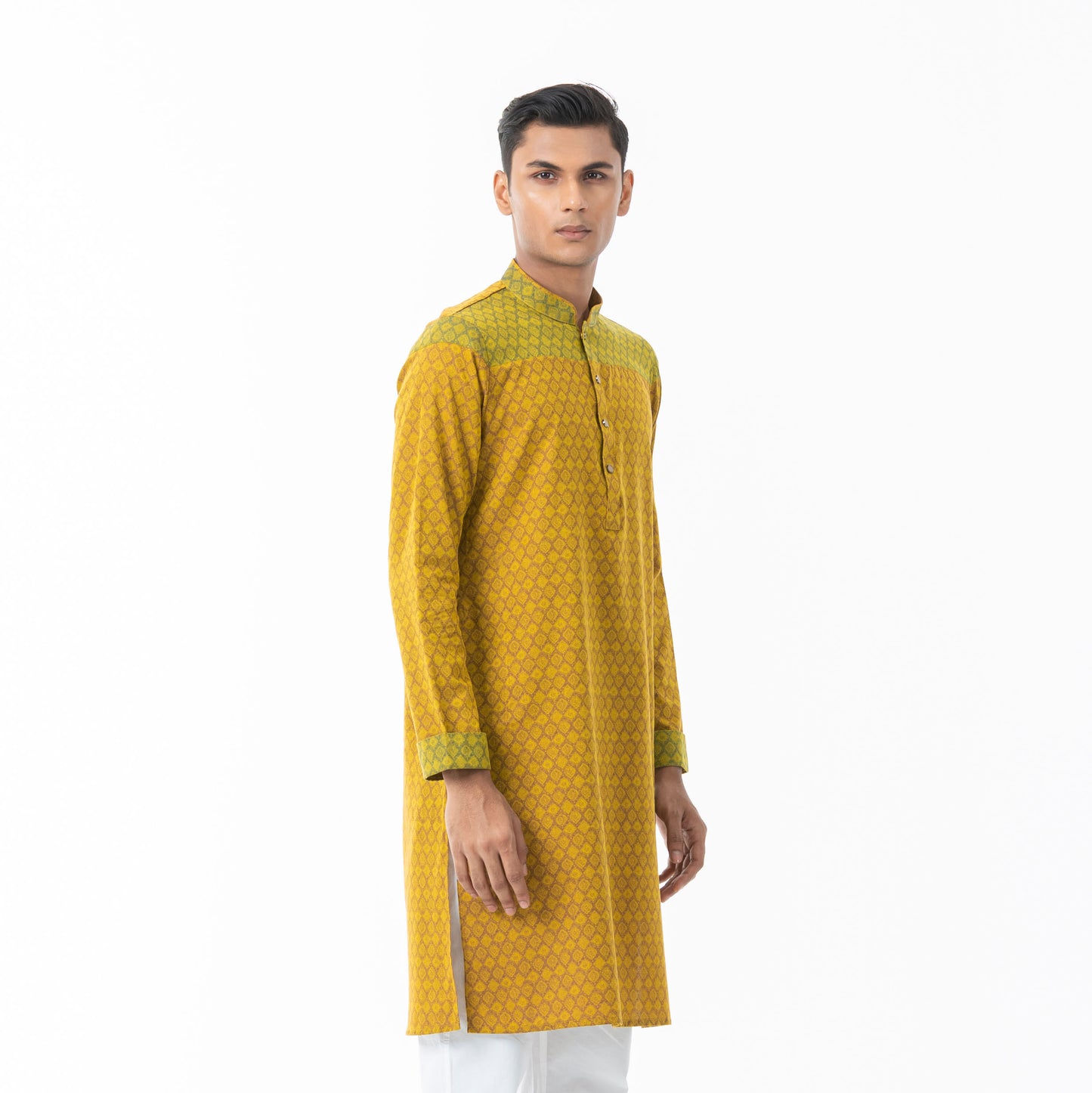 Mens Yellow-Maroon Printed Panjabi