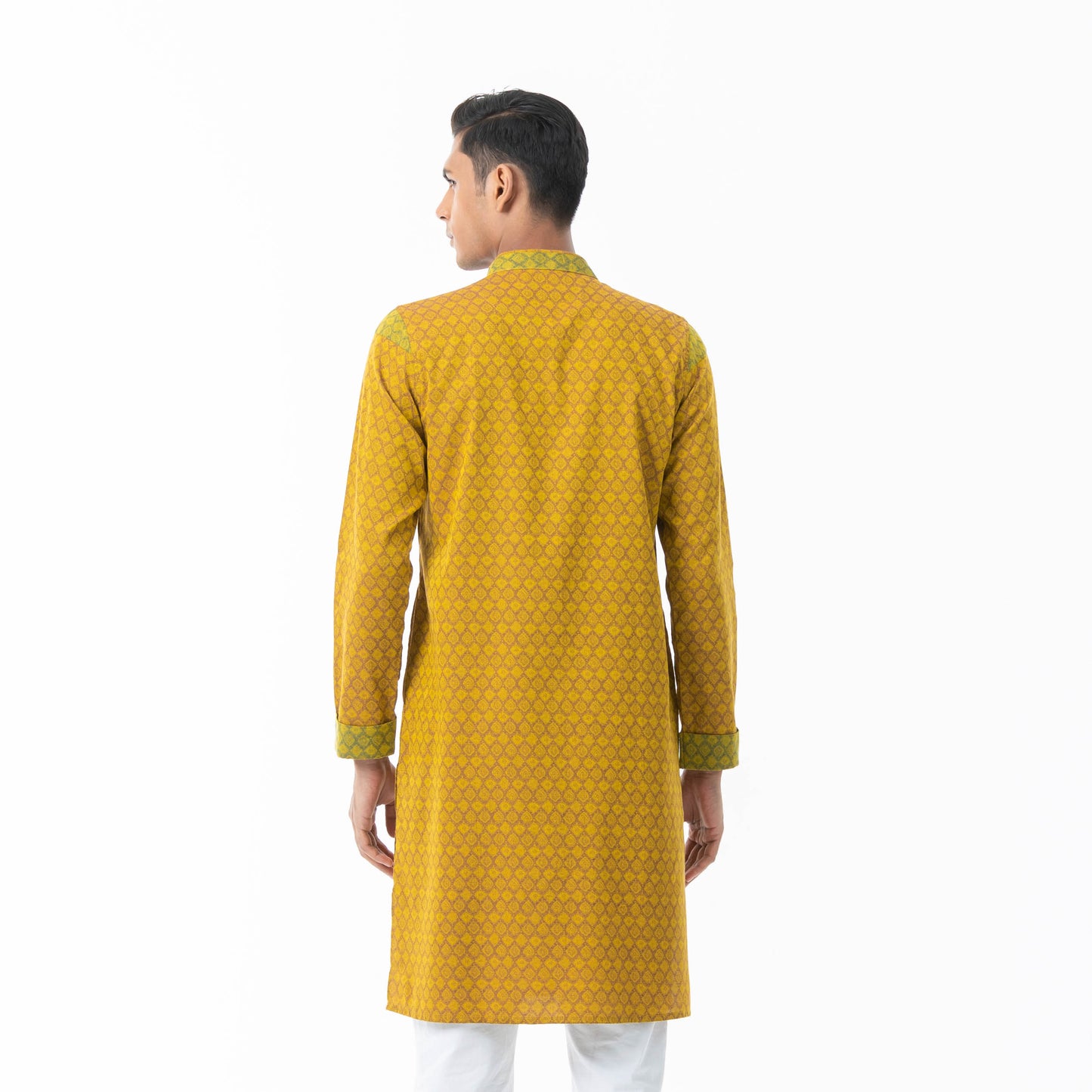 Mens Yellow-Maroon Printed Panjabi