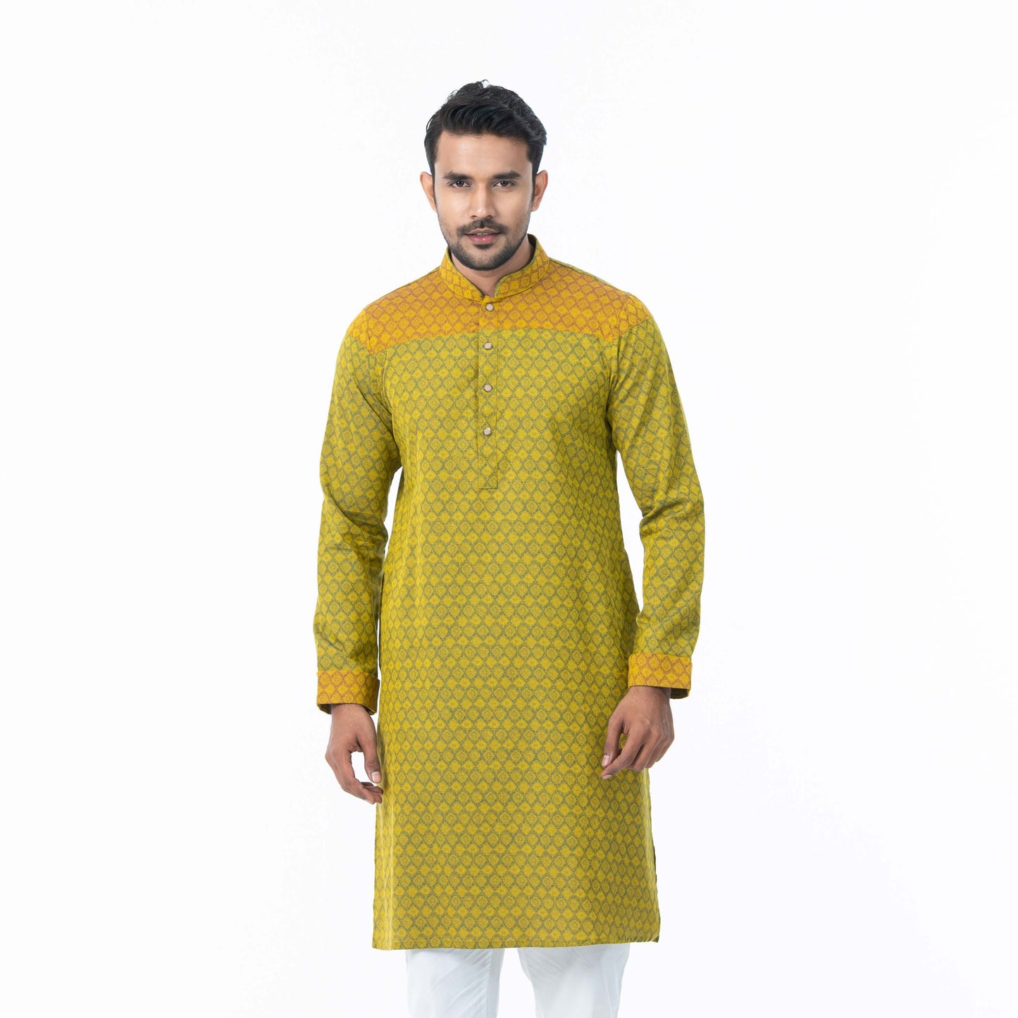 Mens Yellow-Blue Printed Panjabi